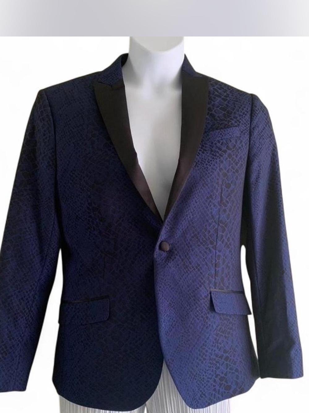 jf j.ferrar Men's Navy Snakeskin Patterned Blazer Black Satin Lapel size 36S